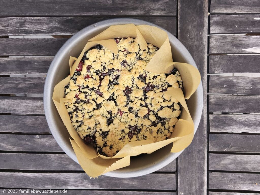 Draufsicht auf frischen Blaubeerkuchen mit Streuseln direkt aus dem Ofen. Der Kuchen ist in einer runden Backform und steht auf einem alten Garte-Holztisch.