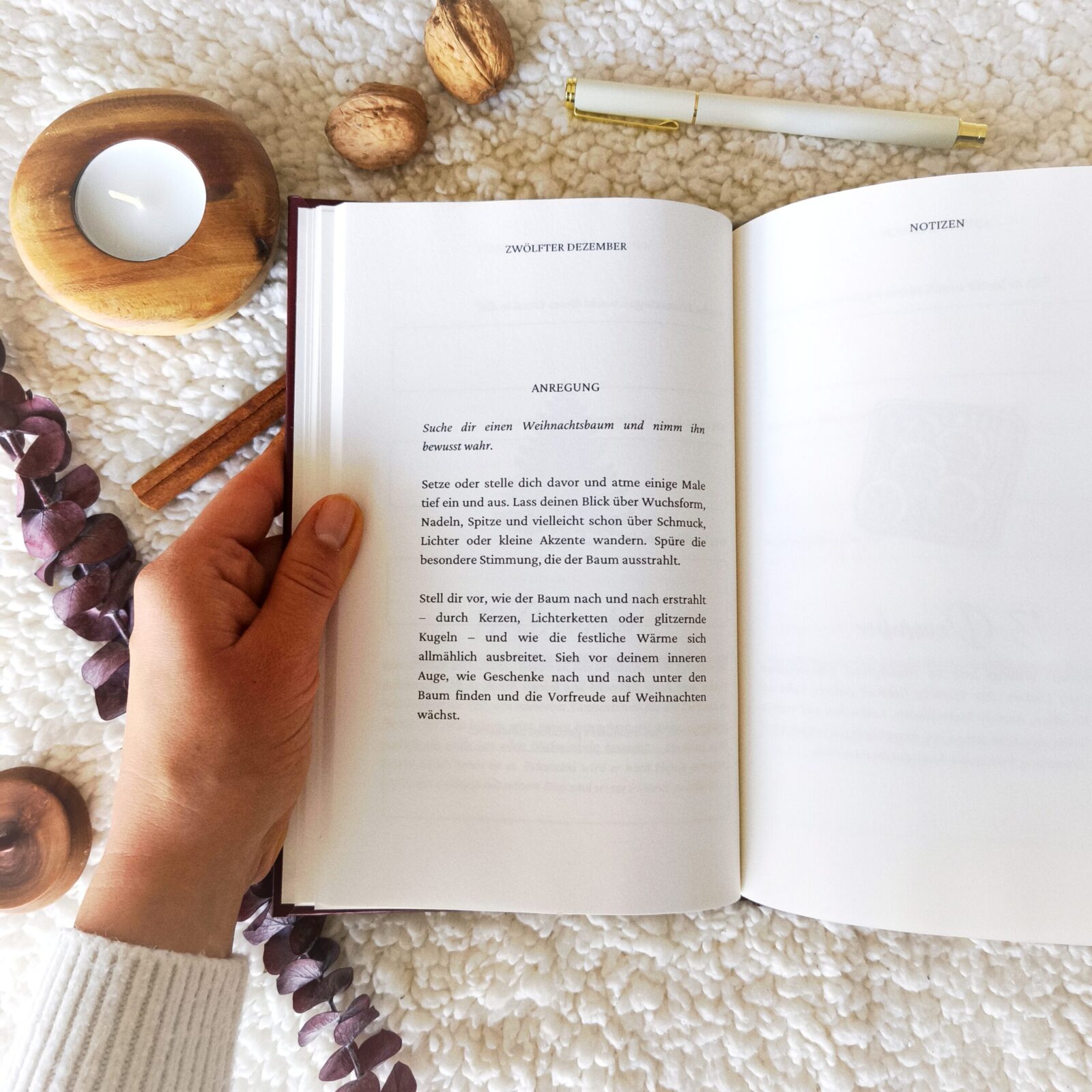 Ein aufgeklapptes Adventsjournal für Erwachsene mit einer weihnachtlichen Achtsamkeitsübung zum Thema Weihnachtsbaum.